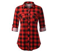 DJT Womens Soft Stretchy Knit Checked Shirts Roll Up Long Sleeve Button Down Collared Ladies Blouses Work Tops Red-Black M