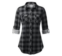 DJT Womens Soft Stretchy Knit Checked Shirts Roll Up Long Sleeve Button Down Collared Ladies Blouses Work Tops Black-Grey XXL