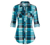 DJT Womens Soft Stretchy Knit Plaid Shirts Roll Up Long Sleeve Collared Button Down Ladies Blouses Work Tops Turquoise M