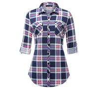 DJT Womens Soft Stretchy Knit Plaid Shirts Roll Up Long Sleeve Collared Button Down Ladies Blouses Work Tops Blue-Pink L