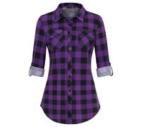 DJT Womens Soft Stretchy Knit Plaid Shirts Roll Up Long Sleeve Collared Button Down Ladies Blouses Work Tops Purple-Black L