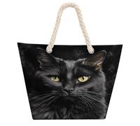 DJUETRUI A Black Cat on A Black Background Large Capacity Jute Tote Bag with Thick Cotton Rope Handles, Eco Friendly Reusable Burlap Shopping Bag for Grocery Beach Picnic Daily Use