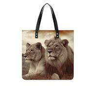 DJUETRUI African Lion And Lioness Tote Bag Square PU Leather Shoulder Handbag Purse Multipurpose Reusable Shopping Carryall Durable Work Commute Travel Daily Casual Resistant Ladies Fashion Hand Bag