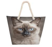 DJUETRUI Beautiful Siamese Cat Large Capacity Jute Tote Bag with Thick Cotton Rope Handles, Eco Friendly Reusable Burlap Shopping Bag for Grocery Beach Picnic Daily Use