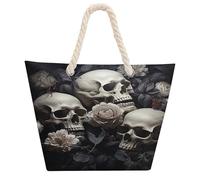 DJUETRUI Black And White Flowers And Skull Large Capacity Jute Tote Bag with Thick Cotton Rope Handles, Eco Friendly Reusable Burlap Shopping Bag for Grocery Beach Picnic Daily Use