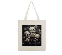 DJUETRUI Black And White Flowers And Skull Reusable Canvas Tote Bag Large Capacity Cotton Hand Bag Portable Grocery Bag for Shopping Travel