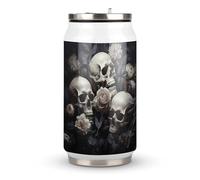 DJUETRUI Black And White Flowers And Skull Stainless Steel Cola Cup Reusable Plastic Coke Cup Leakproof Portable Soda Cup Large Capacity Iced Drink Cup for Home Party