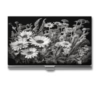 DJUETRUI Black And White Flowers Business Card Case Stainless Steel Business Card Holderhigh Capacity Business Card Organizer Durable Metal Card Holder For Office Daily Use