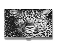 DJUETRUI Black And White Leopard Face Business Card Case Stainless Steel Business Card Holderhigh Capacity Business Card Organizer Durable Metal Card Holder For Office Daily Use