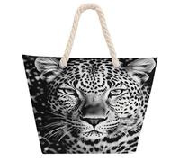 DJUETRUI Black And White Leopard Face Large Capacity Jute Tote Bag with Thick Cotton Rope Handles, Eco Friendly Reusable Burlap Shopping Bag for Grocery Beach Picnic Daily Use