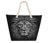 DJUETRUI Black And White Lion Head Large Capacity Jute Tote Bag with Thick Cotton Rope Handles, Eco Friendly Reusable Burlap Shopping Bag for Grocery Beach Picnic Daily Use
