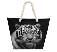 DJUETRUI Black And White Tiger Large Capacity Jute Tote Bag with Thick Cotton Rope Handles, Eco Friendly Reusable Burlap Shopping Bag for Grocery Beach Picnic Daily Use