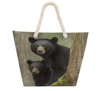 DJUETRUI Black Bear Mother And Cub Large Capacity Jute Tote Bag with Thick Cotton Rope Handles, Eco Friendly Reusable Burlap Shopping Bag for Grocery Beach Picnic Daily Use