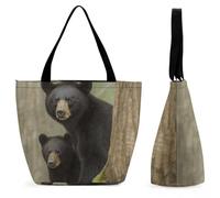 DJUETRUI Black Bear Mother And Cub Large Oxford Cloth Tote Bag for Women, Durable Zippered Shoulder Handbag with Inner Pocket, Multi-purpose Shopping Bag for Work Travel Daily Errands Reusable Bag