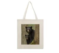DJUETRUI Black Bear Mother And Cub Reusable Canvas Tote Bag Large Capacity Cotton Hand Bag Portable Grocery Bag for Shopping Travel