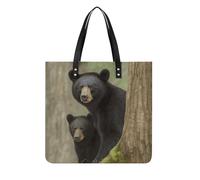 DJUETRUI Black Bear Mother And Cub Tote Bag Square PU Leather Shoulder Handbag Purse Multipurpose Reusable Shopping Carryall Durable Work Commute Travel Daily Casual Resistant Ladies Fashion Hand Bag