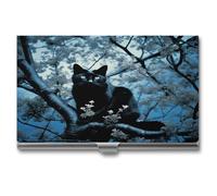 DJUETRUI Black Cat on Tree Business Card Case Stainless Steel Business Card Holderhigh Capacity Business Card Organizer Durable Metal Card Holder For Office Daily Use