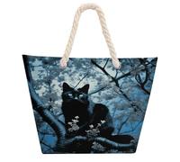DJUETRUI Black Cat on Tree Large Capacity Jute Tote Bag with Thick Cotton Rope Handles, Eco Friendly Reusable Burlap Shopping Bag for Grocery Beach Picnic Daily Use