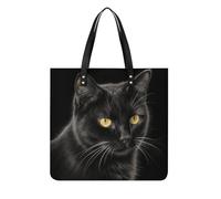 DJUETRUI Black Cat Tote Bag Square PU Leather Shoulder Handbag Purse Multipurpose Reusable Shopping Carryall Durable Work Commute Travel Daily Casual Resistant Ladies Fashion Hand Bag