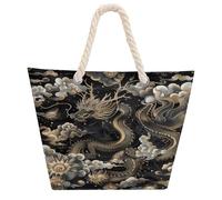 DJUETRUI Black Chinese Dragon Large Capacity Jute Tote Bag with Thick Cotton Rope Handles, Eco Friendly Reusable Burlap Shopping Bag for Grocery Beach Picnic Daily Use