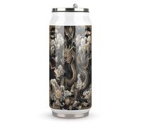 DJUETRUI Black Chinese Dragon Stainless Steel Cola Cup Reusable Plastic Coke Cup Leakproof Portable Soda Cup Large Capacity Iced Drink Cup for Home Party
