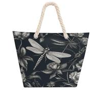 DJUETRUI Black Flowers And Dragonfly Large Capacity Jute Tote Bag with Thick Cotton Rope Handles, Eco Friendly Reusable Burlap Shopping Bag for Grocery Beach Picnic Daily Use