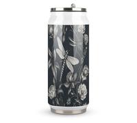 DJUETRUI Black Flowers And Dragonfly Stainless Steel Cola Cup Reusable Plastic Coke Cup Leakproof Portable Soda Cup Large Capacity Iced Drink Cup for Home Party