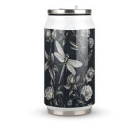 DJUETRUI Black Flowers And Dragonfly Stainless Steel Cola Cup Reusable Plastic Coke Cup Leakproof Portable Soda Cup Large Capacity Iced Drink Cup for Home Party