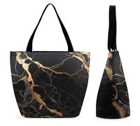 DJUETRUI Black Gold Marble Large Oxford Cloth Tote Bag for Women, Durable Zippered Shoulder Handbag with Inner Pocket, Multi-purpose Shopping Bag for Work Travel Daily Errands Reusable Bag