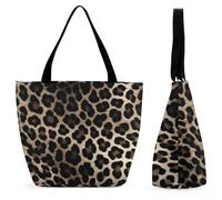 DJUETRUI Black Leopard Print Large Oxford Cloth Tote Bag for Women, Durable Zippered Shoulder Handbag with Inner Pocket, Multi-purpose Shopping Bag for Work Travel Daily Errands Reusable Bag