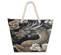 DJUETRUI Black Oriental Dragon Large Capacity Jute Tote Bag with Thick Cotton Rope Handles, Eco Friendly Reusable Burlap Shopping Bag for Grocery Beach Picnic Daily Use