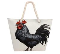 DJUETRUI Black Rooster Large Capacity Jute Tote Bag with Thick Cotton Rope Handles, Eco Friendly Reusable Burlap Shopping Bag for Grocery Beach Picnic Daily Use