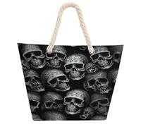 DJUETRUI Black Skull Large Capacity Jute Tote Bag with Thick Cotton Rope Handles, Eco Friendly Reusable Burlap Shopping Bag for Grocery Beach Picnic Daily Use