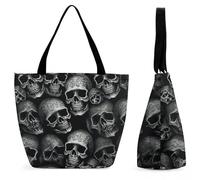 DJUETRUI Black Skull Large Oxford Cloth Tote Bag for Women, Durable Zippered Shoulder Handbag with Inner Pocket, Multi-purpose Shopping Bag for Work Travel Daily Errands Reusable Bag
