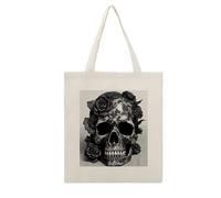 DJUETRUI Black Skull Rose Reusable Canvas Tote Bag Large Capacity Cotton Hand Bag Portable Grocery Bag for Shopping Travel