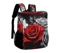 DJUETRUI Black White And Red Roses Insulated Cooler Backpack Durable Polyester Twill Leakproof Thermal Bag with Adjustable Straps Multi-use Pack for Picnic Camping Hiking Varied Outdoor Activities