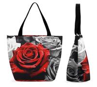 DJUETRUI Black White And Red Roses Large Oxford Cloth Tote Bag for Women, Durable Zippered Shoulder Handbag with Inner Pocket, Multi-purpose Shopping Bag for Work Travel Daily Errands Reusable Bag