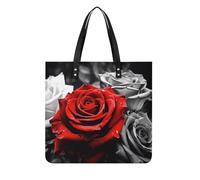 DJUETRUI Black White And Red Roses Tote Bag Square PU Leather Shoulder Handbag Purse Multipurpose Reusable Shopping Carryall Durable Work Commute Travel Daily Casual Resistant Ladies Fashion Hand Bag