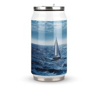 DJUETRUI Blue Sea Sailboat Stainless Steel Cola Cup Reusable Plastic Coke Cup Leakproof Portable Soda Cup Large Capacity Iced Drink Cup for Home Party