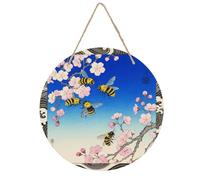 DJUETRUI Bumble Bees Print Round Wood Wall Art, 7.9 Inch Wood Wall Decor with Pre-drilled Holes, Lightweight Durable Wooden Wall Hanging for Home Living Room Bedroom Office Decoration