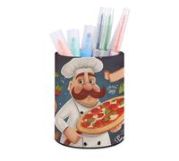 DJUETRUI Chef Pizza Pen Holder Premium Durable PU Leather Cylindrical Pencil Cup Multi-functional Round Desktop Organizer for Workspace Vanity Counter Home Office Bathroom Storage