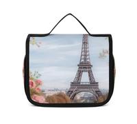 DJUETRUI Cosmetic Bag Travel Makeup Bag for Women Large Make Up Organizer Paris Eiffel Tower with Flowers Toiletry Bags Zipper Pouch Purse, Paris eiffel tower with flowers, 22.5x18.5cm, Wash Bag