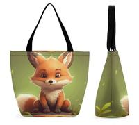 DJUETRUI Cute Little Fox Large Oxford Cloth Tote Bag for Women, Durable Zippered Shoulder Handbag with Inner Pocket, Multi-purpose Shopping Bag for Work Travel Daily Errands Reusable Bag