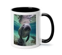 DJUETRUI Cute Sea Animal Manatee Ceramic Coffee Mug 11oz with Black Handle Colored Inside Thick Non-Slip Base Heat Transfer Friendly Tea Cup Ideal for Hot Drinks Home Office And Gifting