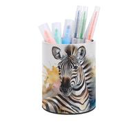 DJUETRUI Cute Zebra Watercolor Pen Holder Premium Durable PU Leather Cylindrical Pencil Cup Multi-functional Round Desktop Organizer for Workspace Vanity Counter Home Office Bathroom Storage