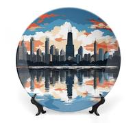 DJUETRUI Decorative Ceramic Display Plate Chicago Skyline Round Bone China Wall Hanging Ornament Bohemian Style Plate with Display Stand for Kitchen, Dining Room, Home Art Decor