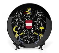 DJUETRUI Decorative Ceramic Display Plate Coat of Arms of Austria Vienna Eagles Round Bone China Wall Hanging Ornament Bohemian Style Plate with Display Stand for Kitchen, Dining Room, Home Art Decor
