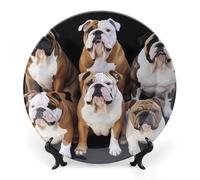 DJUETRUI Decorative Ceramic Display Plate English Bulldogs Round Bone China Wall Hanging Ornament Bohemian Style Plate with Display Stand for Kitchen, Dining Room, Home Art Decor