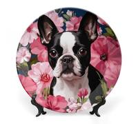 DJUETRUI Decorative Ceramic Display Plate French Bulldog in The Flower Garden Round Bone China Wall Hanging Ornament Bohemian Style Plate with Display Stand for Kitchen, Dining Room, Home Art Decor