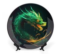 DJUETRUI Decorative Ceramic Display Plate Green Dragon Round Bone China Wall Hanging Ornament Bohemian Style Plate with Display Stand for Kitchen, Dining Room, Home Art Decor